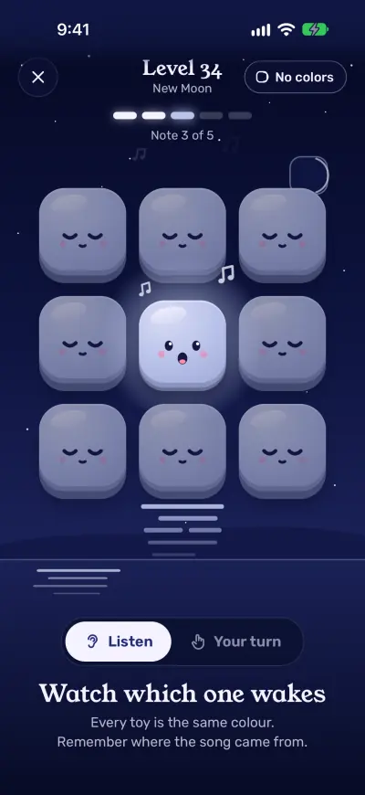 Level 34 in New Moon: nine identical grey toys, one awake and singing