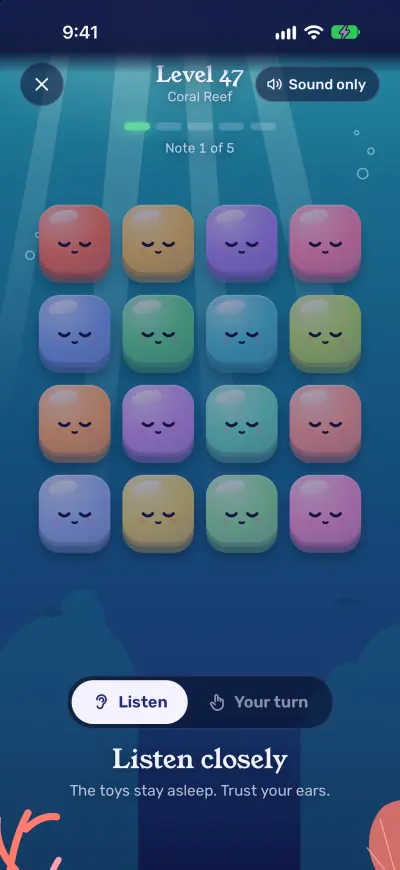 Level 47 in Coral Reef with the Sound only badge: sixteen toys asleep under the words Listen closely